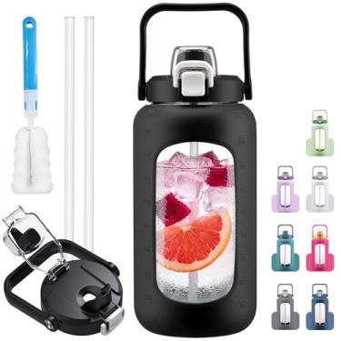 Imagem de HYDRAGLAZIC Parafusos de água de vidro de 2,041 g com canudo, bico e tampa 2 em 1, garrafa de água de meio galão com marcador de tempo e manga de silicone, garrafa de água esportiva sem BPA para