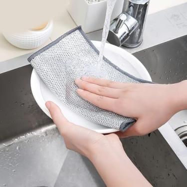 Imagem de Conjunto de 10 peças de pano de prato de aço sem arranhões de camada dupla para lavar louças, panelas e frigideiras, reutilizável para uso diário de limpeza de cozinha (prata)