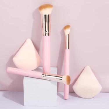 Imagem de Conjunto de 5 peças de pincel de maquiagem e puff, base, creme de contorno, blush, sombra, sem listras, sem gagueira e cores aplicadas uniformemente (rosa)