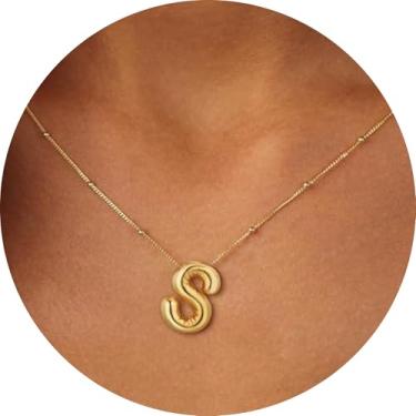Imagem de Colar feminino com inicial de aço inoxidável banhado a ouro 18K, pingente de letra bolha de A a Z, joia personalizada do alfabeto fofo de A a Z, 18+2in, Aço inoxidável, Sem Pedra Preciosa