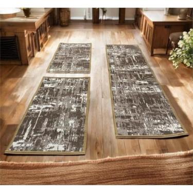 Imagem de Kit 3 Tapete de Cozinha Antiderrapante Passadeira e Tapetes Porta Lavável e Antialérgico para Decoração da Cozinha (Kit - M15 Grafitado Marrom)