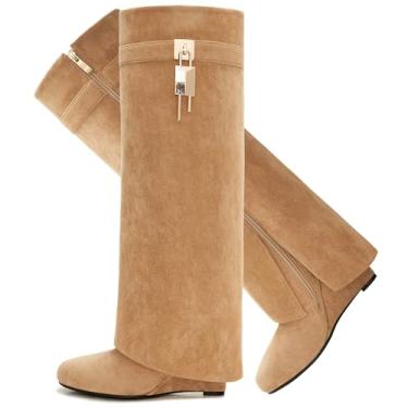 Imagem de CDHYX Bota feminina dobrável com salto plataforma e design de cadeado com zíper lateral, Camurça bege, 37
