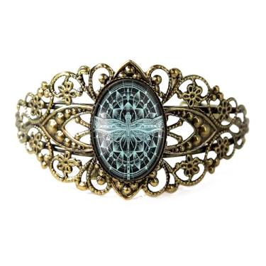 Imagem de Pulseira de filigrana de libélula azul - Arte mandala esotérica, prata bronze antigo ou preto, joia de vidro artesanal vitoriana - 125-CB, Adjustable, Vidro, Sem Pedra Preciosa
