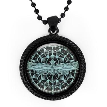 Imagem de Colar de mandala de libélula - Pingente de vidro feito à mão, joia esotérica, prata ou preto - 125-RN, grande, metal, sem pedra preciosa