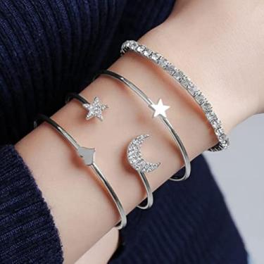 Imagem de Pulseiras douradas femininas modernas lua, estrela, punho aberto, conjunto hipoalergênico, acessórios de moda, joias, presentes, One Size, liga metálica, Sem Pedra Preciosa