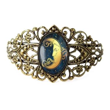 Imagem de Pulseira de filigrana de lua crescente - Arte da lua celestial BoHo, prata bronze antigo ou preto, joia de vidro vintage vitoriana feita à mão - 35-CB, Adjustable, Vidro, Sem Pedra Preciosa