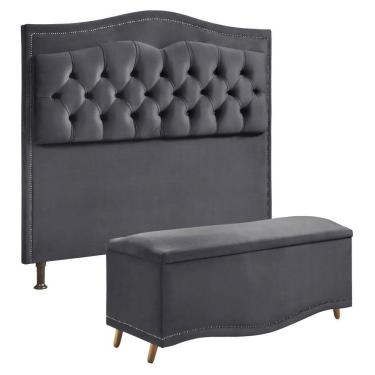 Imagem de Conjunto Cabeceira E Calçadeira Holanda 1,60 Cm Veludo 2.0 Speciale Home Cinza Chumbo