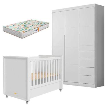 Imagem de Berço Americano Tutto New E Guarda Roupa Infantil Eloá Branco Acetinado Com Colchão Gazin – Phoenix Baby