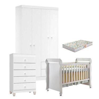 Imagem de Quarto De Bebê 4 Portas Com Gaveteiro Ternura Baby E Berço Mirelle Branco Brilho Com Colchão Gazin - Incorplac