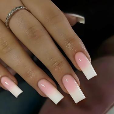 Imagem de Unhas de pressão médias longas quadradas ombré rosa branco com cola falsa, cobertura total, bastão falso artificial em unhas de acrílico para mulheres, casamento, 24 peças