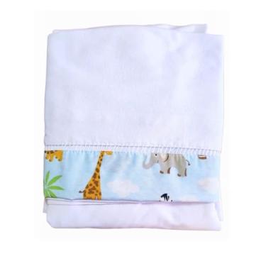 Imagem de Jogo de Lençol com Elástico e Fronha para Berço Americano, 160x98x12cm, Malha 100% Algodão, Antialérgico, 2 Peças, Bordado Ponto Palito (Barrado Safari/Branco e Azul)