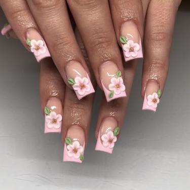 Imagem de Pregos postiços quadrados médios longos rosa francês com design de flores 3D pérolas cobertura completa cola em bastão falso artificial em unha de acrílico para mulheres uso diário, 24 peças