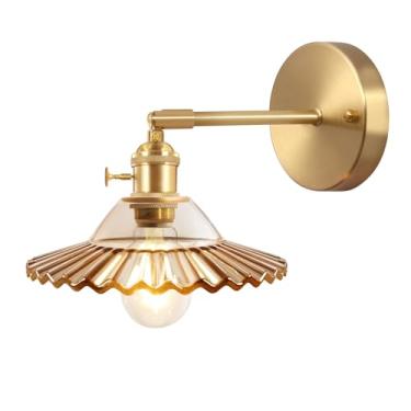 Imagem de Shenmoyl Arandelas de parede vintage com abajur de vidro âmbar lótus 180 graus ajustável arandelas de latão moderno com fio rígido luminária de parede com interruptor para cabeceira quarto porta