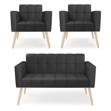 Imagem de Kit 1 Sofá Namoradeira E 2 Poltronas Elisa Corino Preto Pés Palito Natural - D'rossi