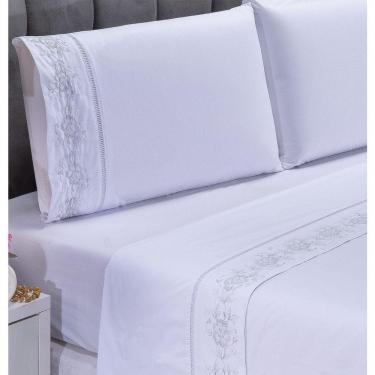 Imagem de Jogo Lençol Floral Quarto Casal King Bordado 4 Peças 2fronha Cor: Branco Com Cinza