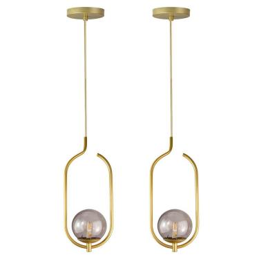 Imagem de Kit 2 Pendentes Lustres On Clip Dourado Globo De Vidro Fume