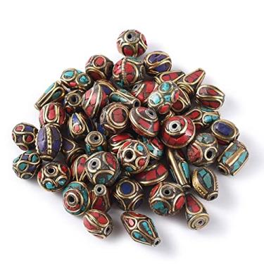 Imagem de KISSITTY 50 peças de contas feitas à mão estilo tibetano tibetano turquesa coral contas espaçadoras contas redondas contas de coluna redonda Buda contas soltas forma mista para brincos, colar,