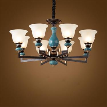 Imagem de Lustre de luxo europeu para sala de estar, estilo retrô americano, em cerâmica, para restaurante, quarto, escritório, hotel, villa, café, com luminária pendente de LED (8 lâmpadas).