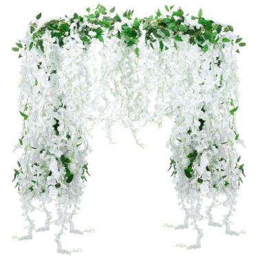 Imagem de AHANDMAKER 6 peças, guirlanda de flores artificiais de glicínias brancas, guirlandas para pendurar, guirlandas falsas de glicínia para pendurar em casa, jardim, ao ar livre, casamento, festa e