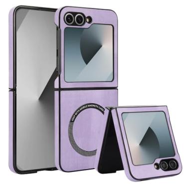 Imagem de XKchatpt Capa magnética para Samsung Galaxy Z Flip 6 suporta carregamento sem fio, capa rígida fina à prova de choque de couro PU para Samsung Galaxy Z Flip 6 (Roxo)