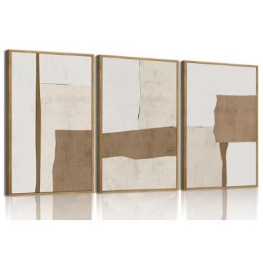 Imagem de myusuar Arte de parede emoldurada em tela abstrata moderna grande de 3 peças para sala de estar, bloco marrom e bege minimalista, pôsteres para quarto, escritório, 41 x 61 cm