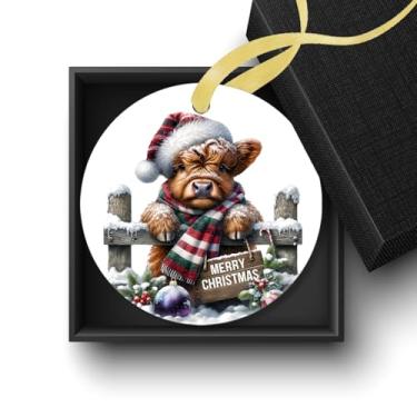 Imagem de Welshower Enfeites de vaca Highland de Feliz Natal, decorações de Natal de vaca das terras altas, chapéu de Papai Noel, novilha, Natal, enfeites decorativos de cerâmica para pendurar