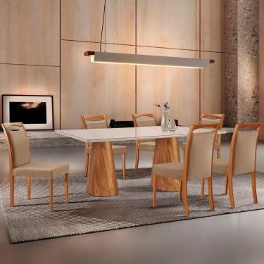 Imagem de Mesa Noronha 180cm Tampo Com Vidro Laqueado Com 6 Cadeiras Linho Palha Imbuia Natural Off White