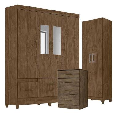 Imagem de Guarda Roupa Com Espelho Casal Ms912 Com Cômoda Ms913 E Armário Multiuso New íris Castanho Wood - Moval