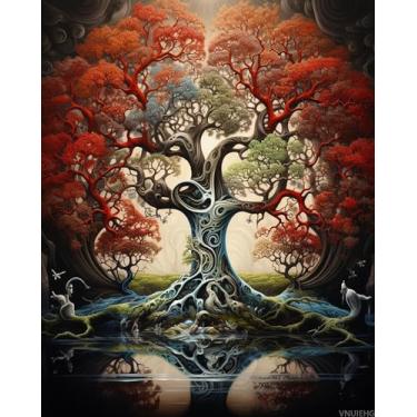 Imagem de VNUIEHG Pinte por números árvore para adultos, pintura a óleo faça você mesmo, kits de tinta acrílica por números para adultos iniciantes para decoração de parede de casa 41 x 50 cm
