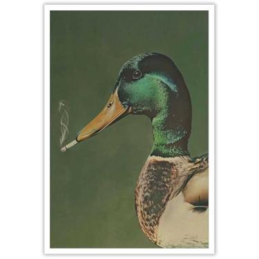 Imagem de Vintage Mallard Smoking A Cigarette Posters Funny And Whimsical Canvas Wall Art Antique Animal Retratos Estéticos Impressões Pintura Para Casa Quarto Dormitório Decoração de Parede 30,5 x 40,6 cm Sem