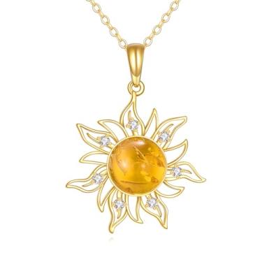 Imagem de YFN Colar de sol de ouro 14K para mulheres, colar âmbar de ouro maciço, joia com pingente de sol para ela 40,6 + 2,5 cm + 2,5 cm