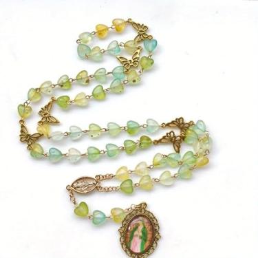 Imagem de Colar de rosário vintage vazado com contas de coração rosa com pingente de vidro, joia de oração cristã, colar de cruz para pendurar na parede, Medium, Vidro Metal, Vidro