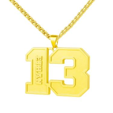 Imagem de Ldurian Colar com nome de número personalizado, pingente de corrente de número esportivo para homens, colares de nome de atletas personalizados 00-99 preto presente de aço inoxidável para homens
