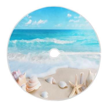 Imagem de Blueangle Linda saia de árvore de Natal com cenário de praia de 120 cm - poliéster macio e resistente a rugas, decoração de férias para festas de Natal, árvore festiva e decoração de casa (641)