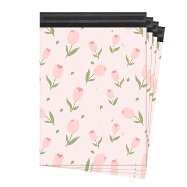 Imagem de KKBESTPACK Lindos envelopes florais de poliéster 12 x 15,5, pacote com 100 – Pink Tulip Designer impermeável autovedante resistente a rasgos sacos de envio para suprimentos de embalagem de pequenas