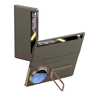 Imagem de HAOMRIYL Capa para Honor Magic V5, capa invisível com suporte para alça de mão, capa com suporte para janela lateral inteligente, couro genuíno com tudo incluído, capa à prova de choque, marrom, V5