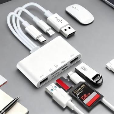 Imagem de Leitor de cartão de memória para vários dispositivos, adaptador USB OTG 5 em 1, com compartimentos para cartão micro SD e SD, suporta SD/Micro SD/SDHC/SDXC/MMC para dispositivos i-Phone/i-Pad, USB C e