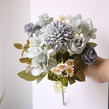 Imagem de Buquê Misto de Flores Artificiais – Rosa, Crisântemo, Margarida e Hortênsia | Decoração para Casamento, Arranjos e Ambientes – 30cm(Azul)
