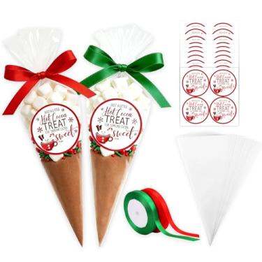 Imagem de YIXAXKAO Conjunto de 50 cones de cacau quentes de Natal, lembrancinhas de barra de cacau quente, saco de celofane, sacos de chocolate e marshmallow com fita de etiqueta de cacau quente para decoração