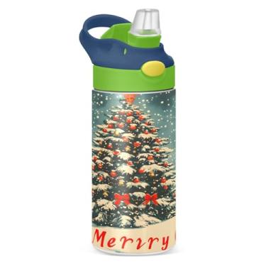 Imagem de YETTASBIN Garrafa de água de árvore de Natal para crianças, 340 g, à prova de vazamento, parede dupla, isolada, copo de viagem com tampa de canudo para meninas, meninos e crianças