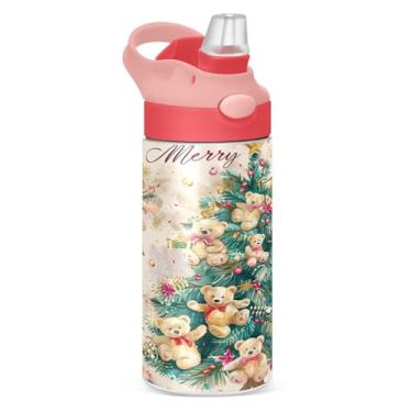 Imagem de YETTASBIN Garrafa de água de árvore de Natal para crianças, 340 g, à prova de vazamento, parede dupla, isolada, copo de viagem com tampa de canudo para meninas, meninos e crianças