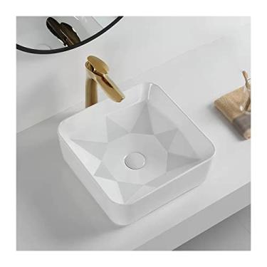 Imagem de Pia de banheiro 37,8 cm x 37,8 cm Pia de banheiro quadrada branca com padrão geométrico acima do balcão pia de vaso de cerâmica pia de pia para banheiro, hotel, apartamento, pia de embarcação