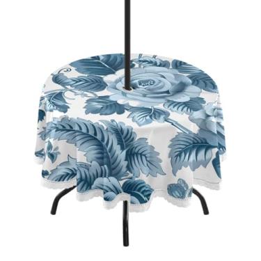 Imagem de CEBUGI Toalha de mesa redonda para uso externo, estampa floral, impermeável, com furo Umberlla, capa de mesa lavável para pátio, cozinha, sala de jantar, 152 cm