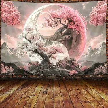 Imagem de Tapeçaria de vida de árvore estética, flores rosas coloridas sol e lua tapeçaria de parede para quarto de meninas, natureza legal, galáxia, Yin Yang, anime, tapeçarias, pôster de decoração de casa de