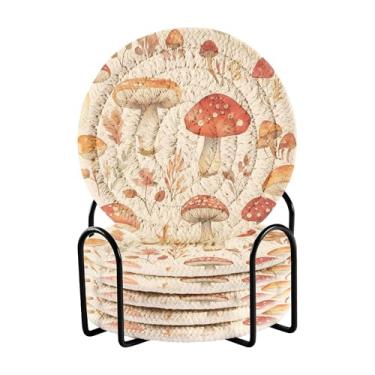 Imagem de SEHANY Conjunto de 6 porta-copos de cogumelos florestais com suporte, porta-copos redondos absorventes de algodão resistente ao calor para mesa de jantar, canecas de café, 10 cm