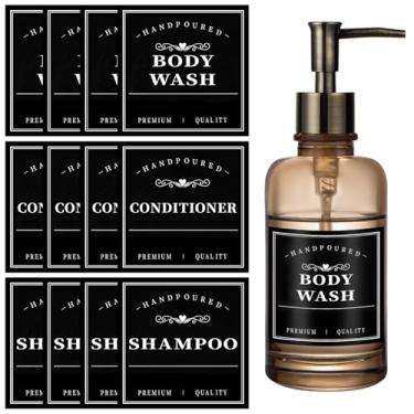 Imagem de Etiquetas à prova d'água para garrafas, banheiro, cozinha, 12 peças, organização, minimalista, etiquetas removíveis para xampu e condicionador para sabonete líquido (preto)