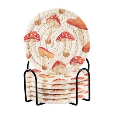 Imagem de SEHANY Conjunto de 6 porta-copos de cogumelos florestais com suporte, porta-copos redondos absorventes de algodão resistente ao calor para mesa de jantar, canecas de café, 10 cm