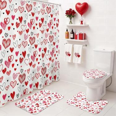 Imagem de Mocsicka Conjunto de cortina de chuveiro para banheiro, 4 peças, estilo rabisco, coração, vermelho, conjunto de banheiro com tapetes antiderrapantes, tampa de vaso sanitário, tapete de banho, cortina