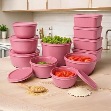 Imagem de Kit Potes Herméticos para Cozinha 15 peças com tampa potes retangulares e bowl pote hermético para alimentos, conjunto organização excelente vedação vai ao freezer geladeira e lava-louças (Rosa)