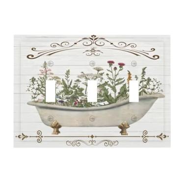 Imagem de Tulpock Capa de interruptor de luz floral rústica para casa de fazenda decorativa de madeira branca botânica 3 gangues placa de parede com interruptor triplo para banheiro cozinha 17 cm x 12 cm
